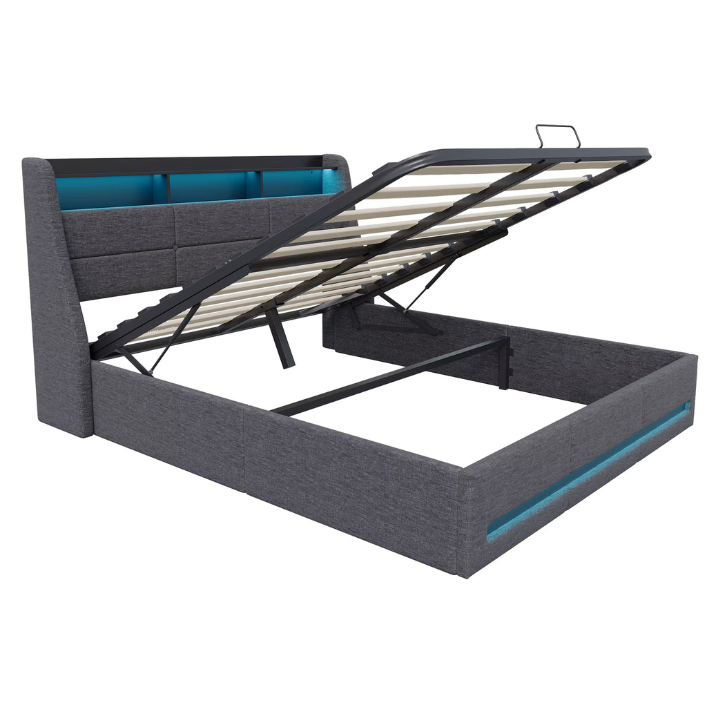 Lit Coffre 160x200cm LED avec USB en Lin Gris