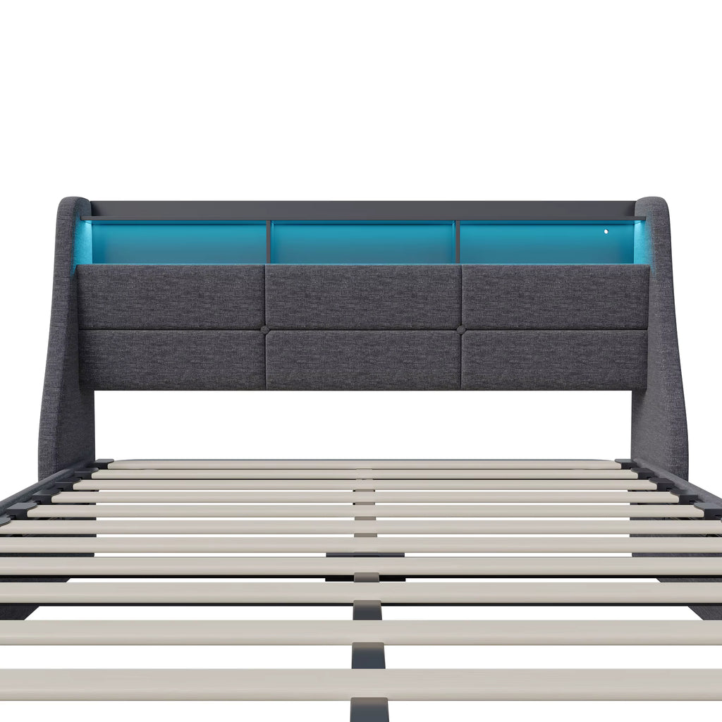 Lit Coffre 160x200cm LED avec USB en Lin Gris