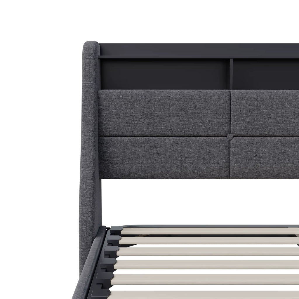 Lit Coffre 160x200cm LED avec USB en Lin Gris