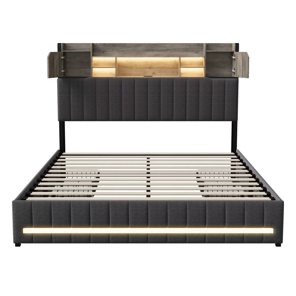 Lit Coffre LED, USB & 4 Rangements