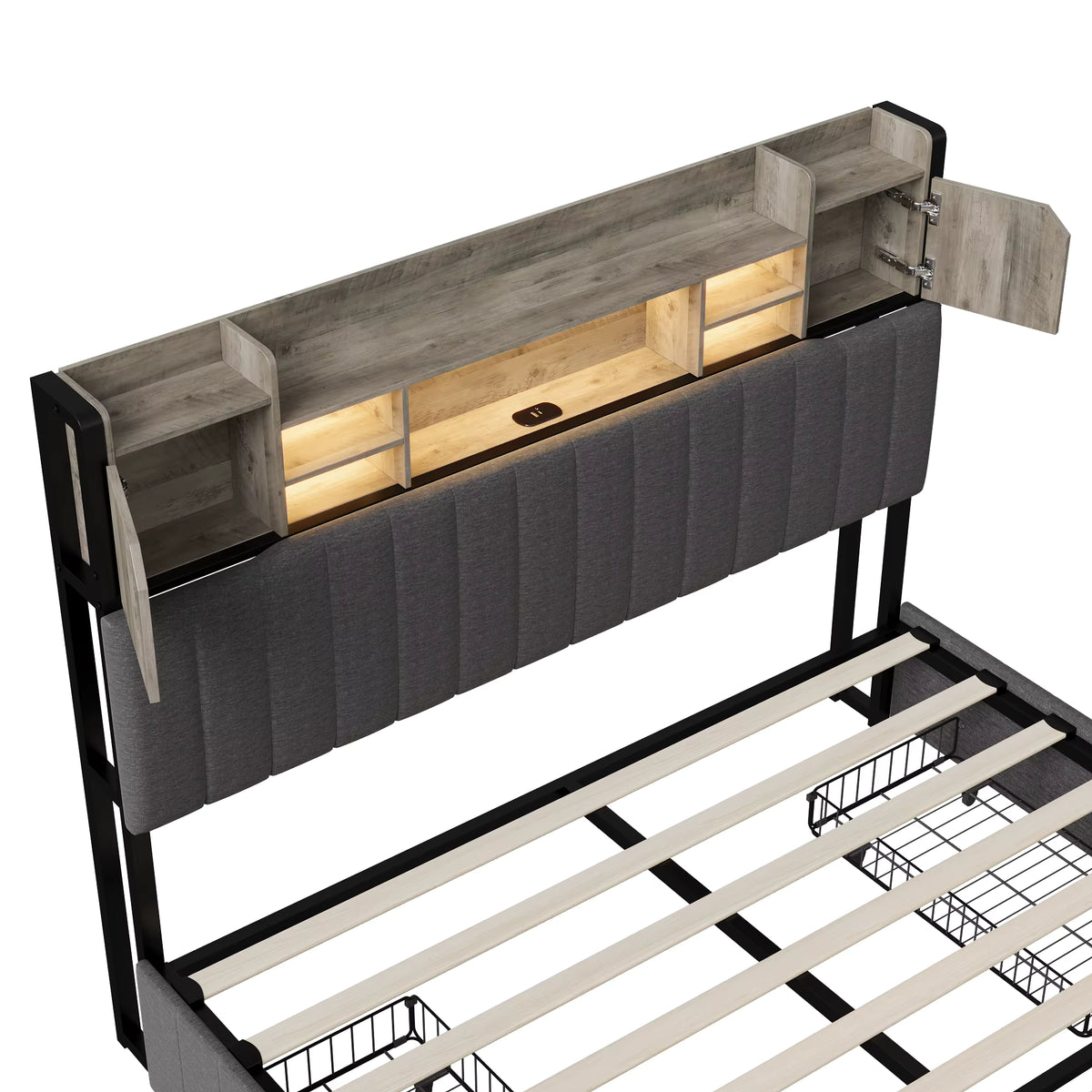 Lit Coffre LED, USB & 4 Rangements