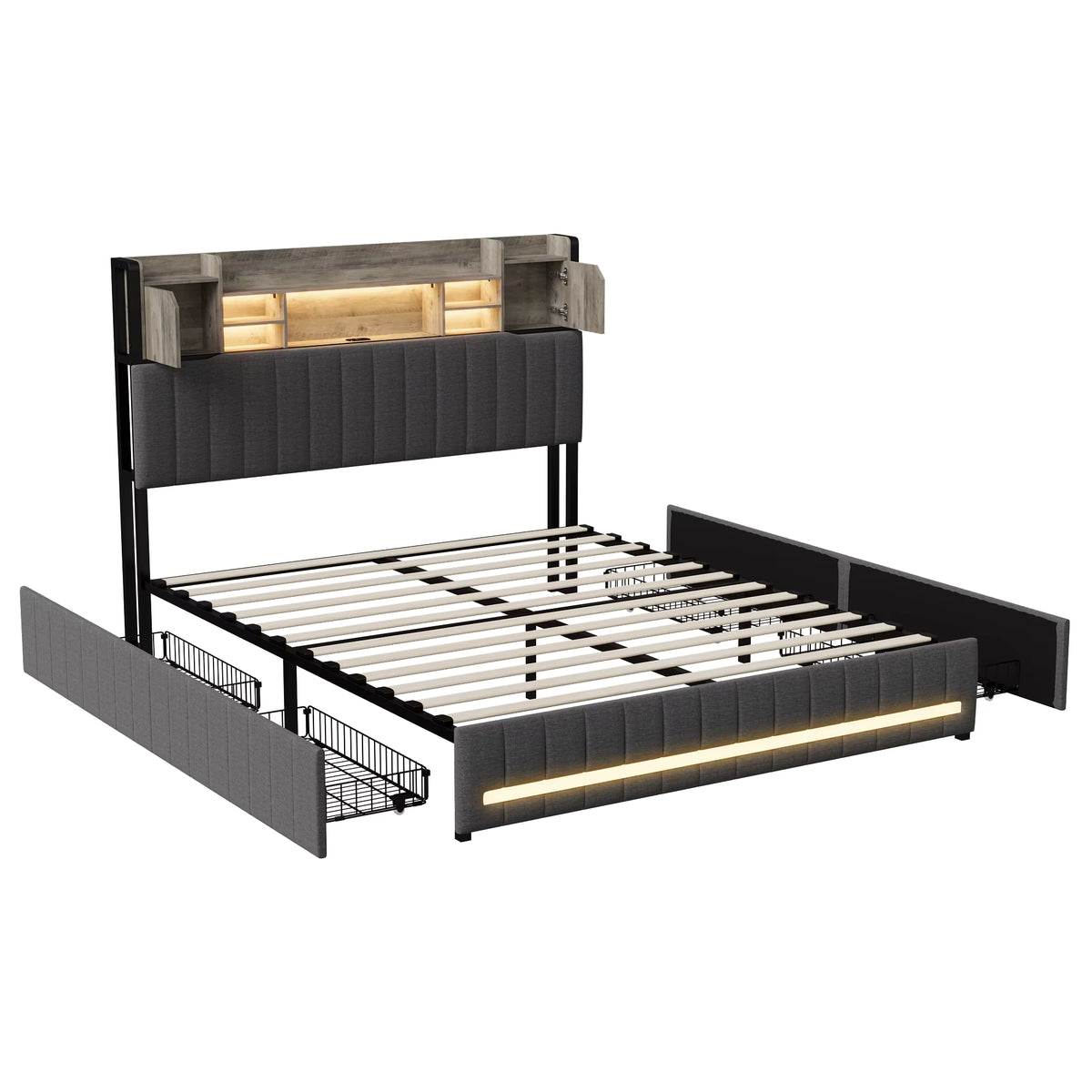 Lit Coffre LED, USB & 4 Rangements