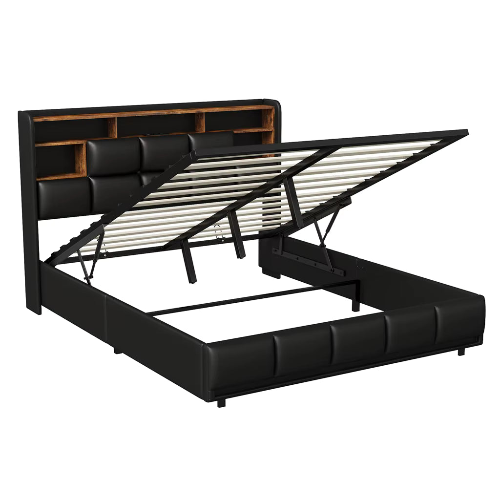 Lit Coffre Double Noir 4 Tiroirs avec LED et USB
