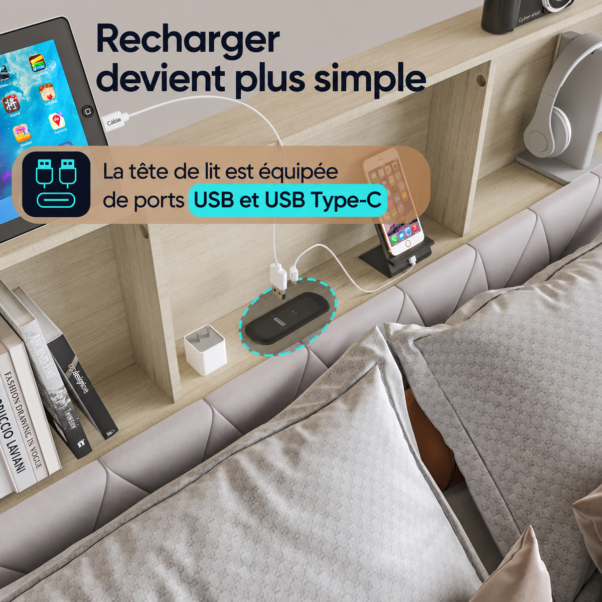 Lit Coffre Double 4 Tiroirs avec LED et USB