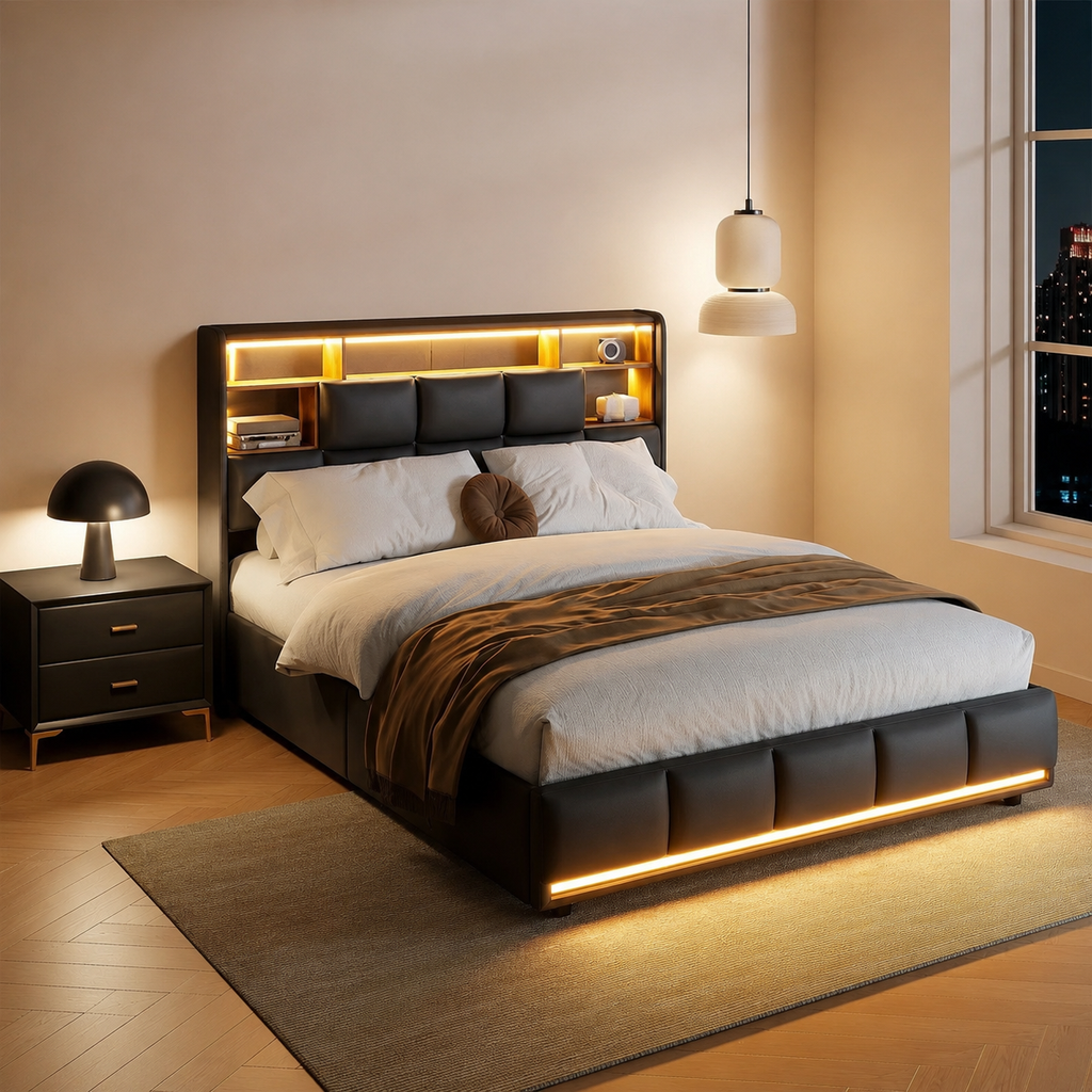 Lit Coffre Double Noir 4 Tiroirs avec LED et USB