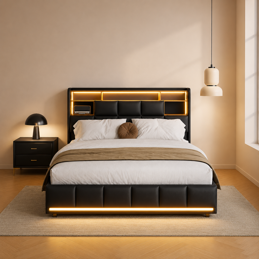 Lit Coffre Double Noir 4 Tiroirs avec LED et USB
