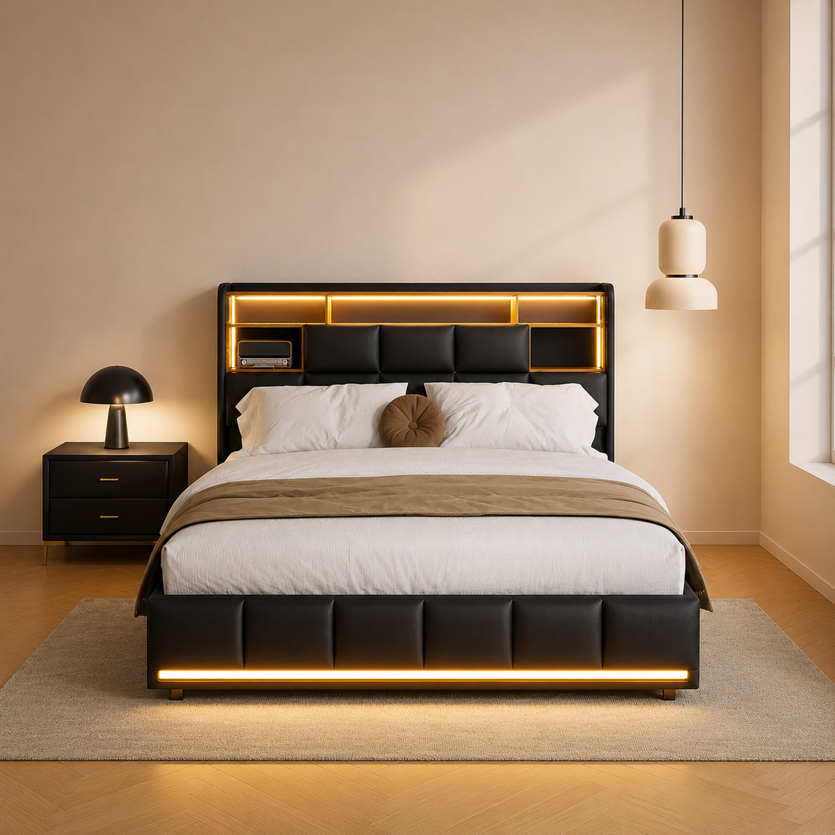 Lit Coffre Double Noir 4 Tiroirs avec LED et USB