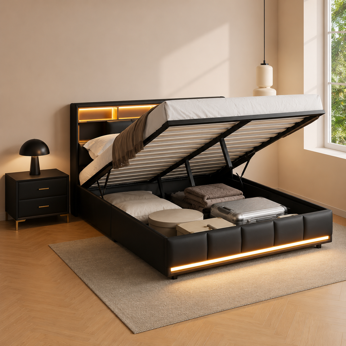 Lit Coffre Double Noir 4 Tiroirs avec LED et USB