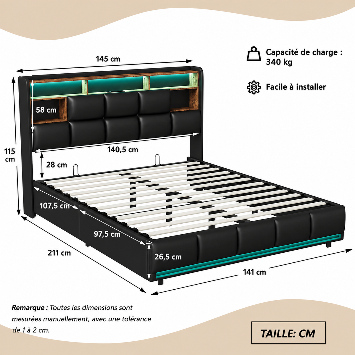 Lit Coffre Double Noir 4 Tiroirs avec LED et USB