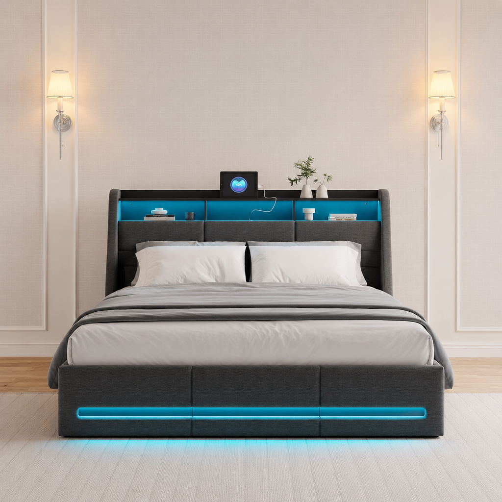 Lit Coffre 160x200cm LED avec USB en Lin Gris