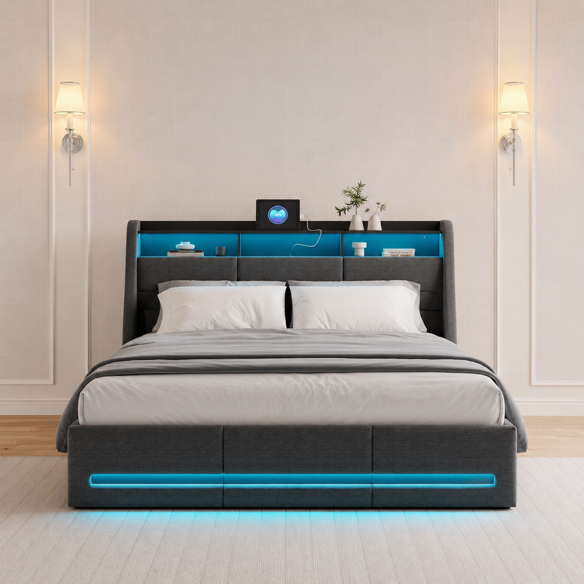 Lit Coffre 160x200cm LED avec USB en Lin Gris