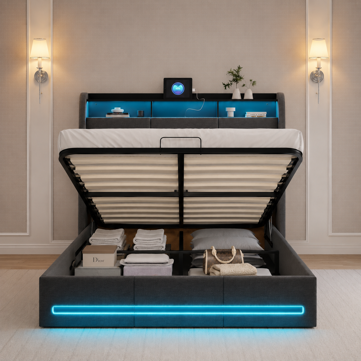 Lit Coffre 160x200cm LED avec USB en Lin Gris