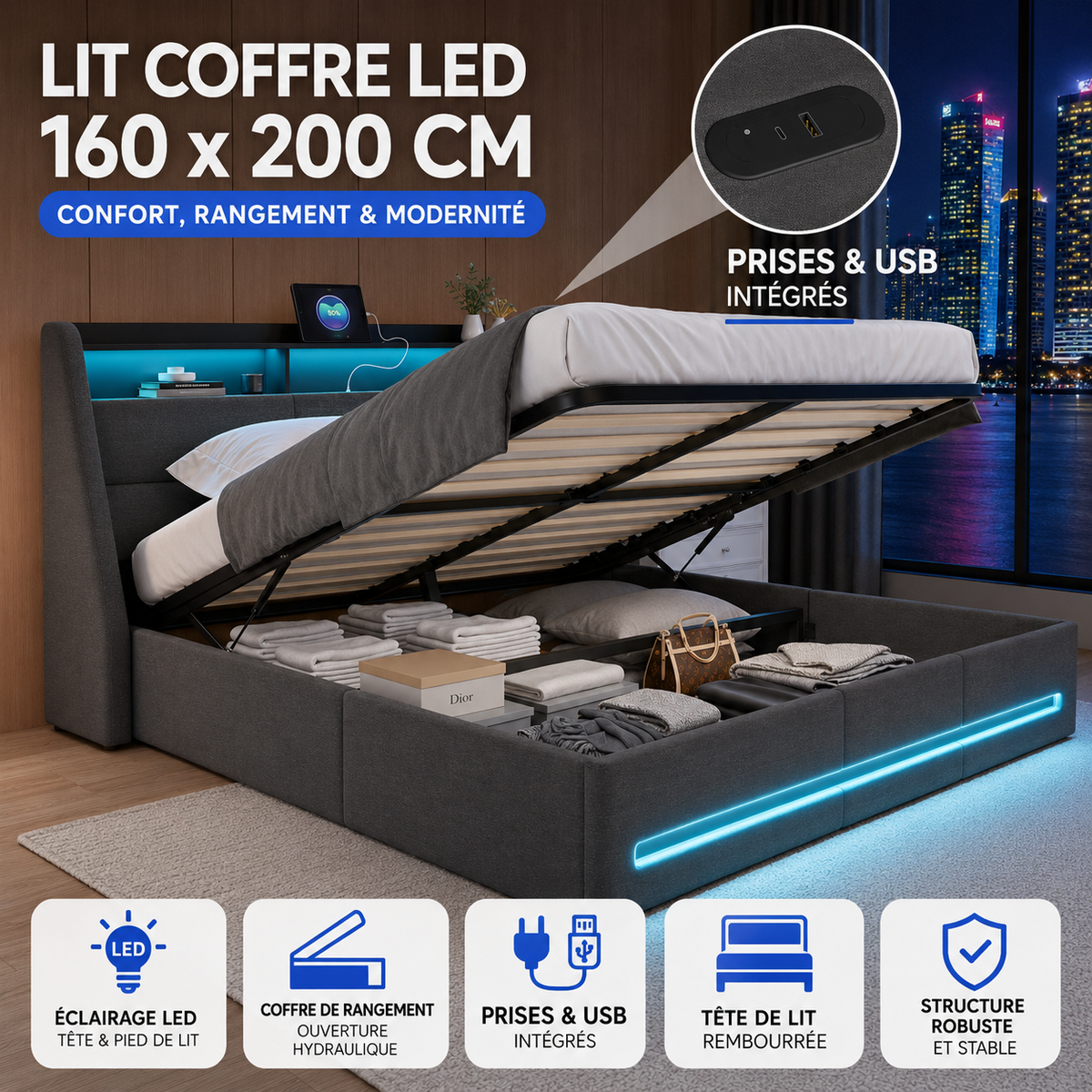 Lit Coffre 160x200cm LED avec USB en Lin Gris
