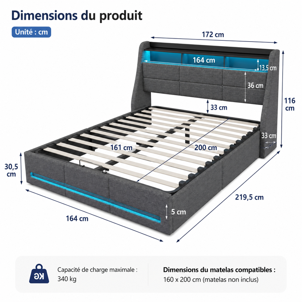 Lit Coffre 160x200cm LED avec USB en Lin Gris
