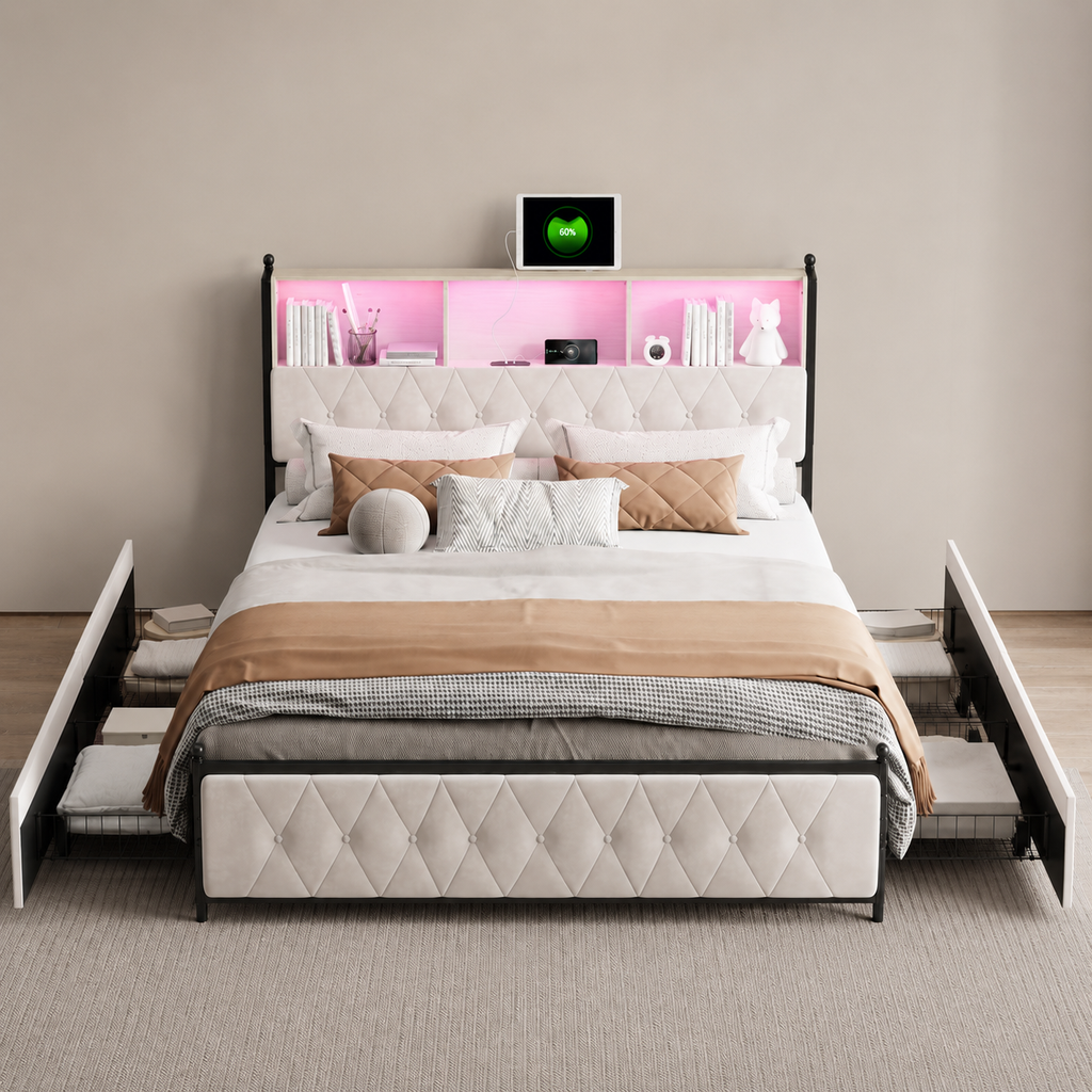 Lit Coffre Double 4 Tiroirs avec LED et USB