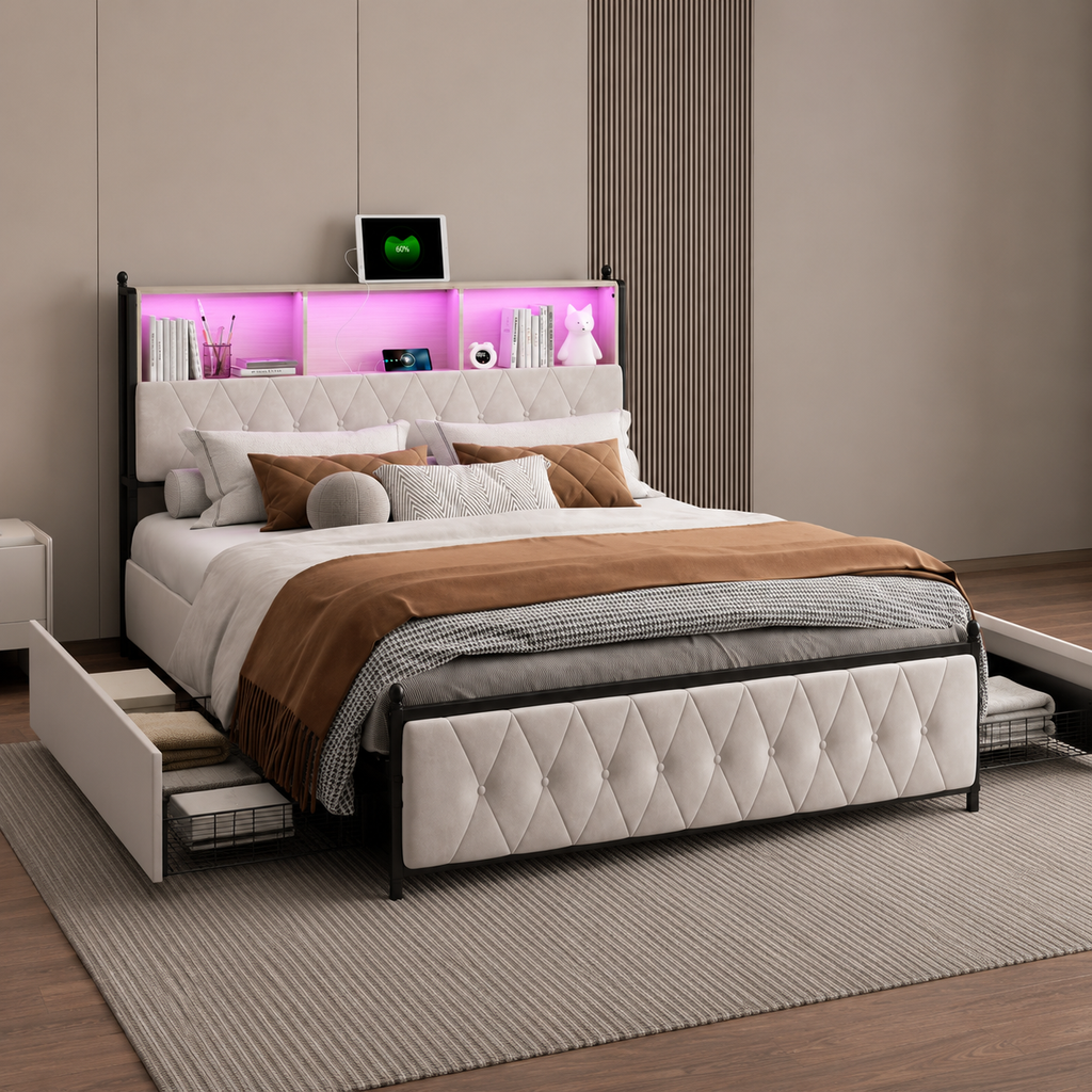 Lit Coffre Double 4 Tiroirs avec LED et USB
