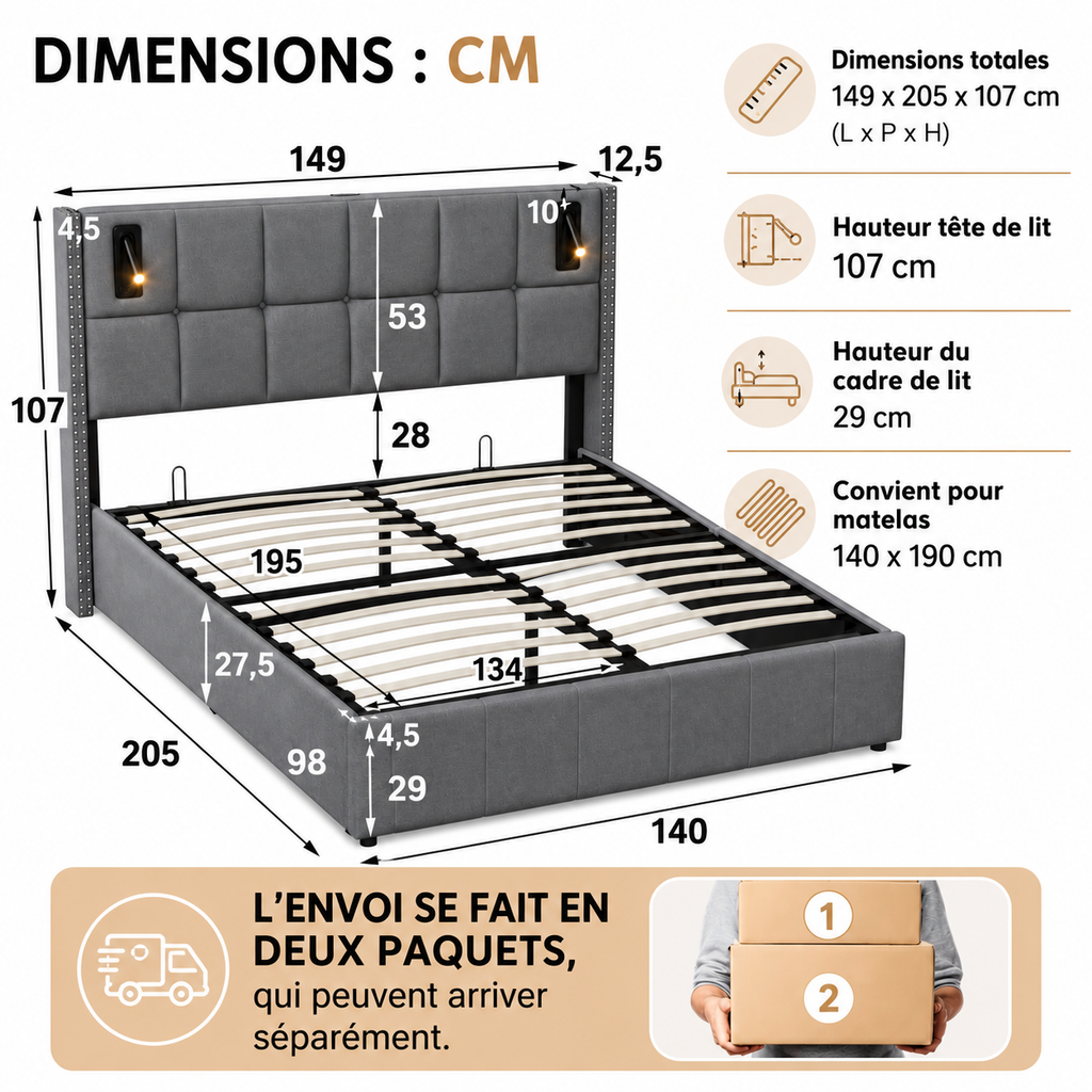 Lit Coffre Hydraulique & Lampe de lecture