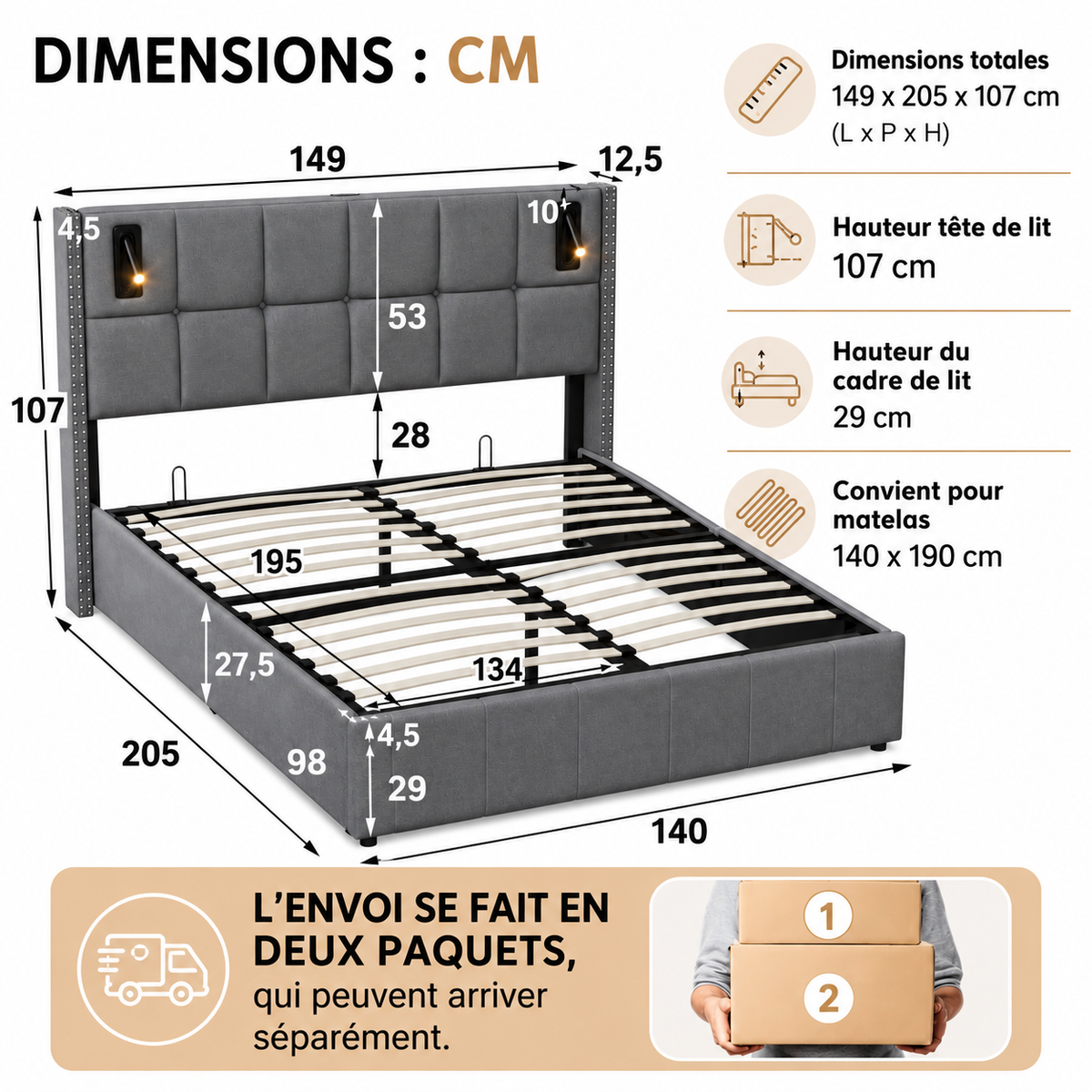 Lit Coffre Hydraulique & Lampe de lecture