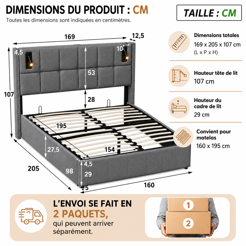 Lit Coffre Hydraulique & Lampe de lecture
