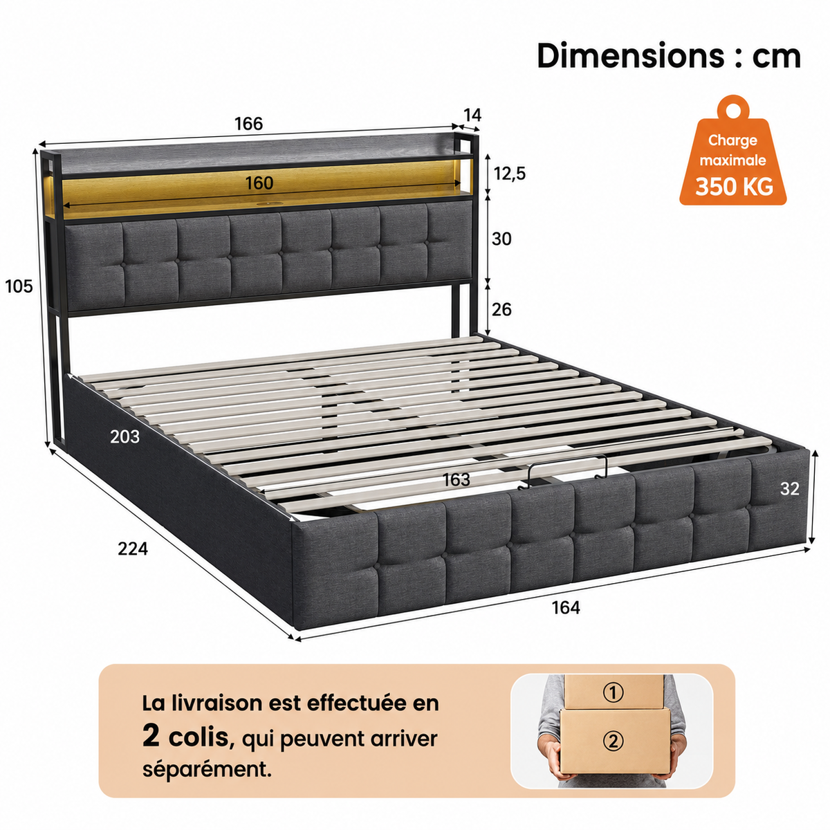 Lit Coffre avec Tête de Lit LED et Rangement