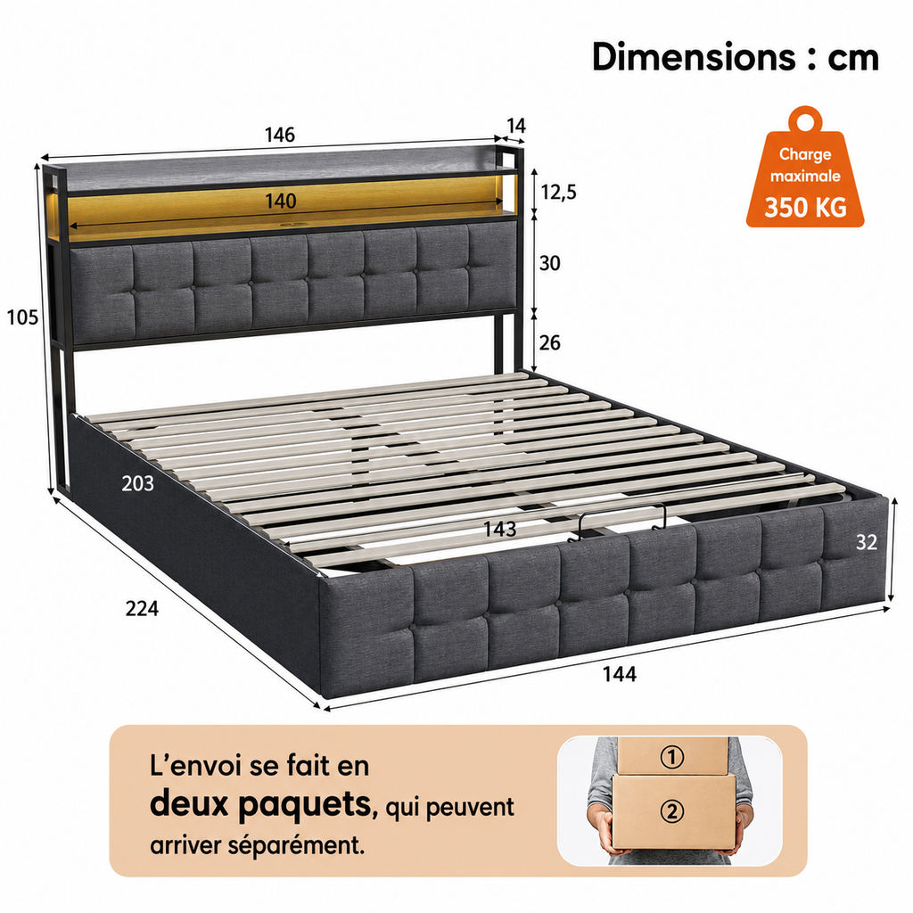Lit Coffre avec Tête de Lit LED et Rangement