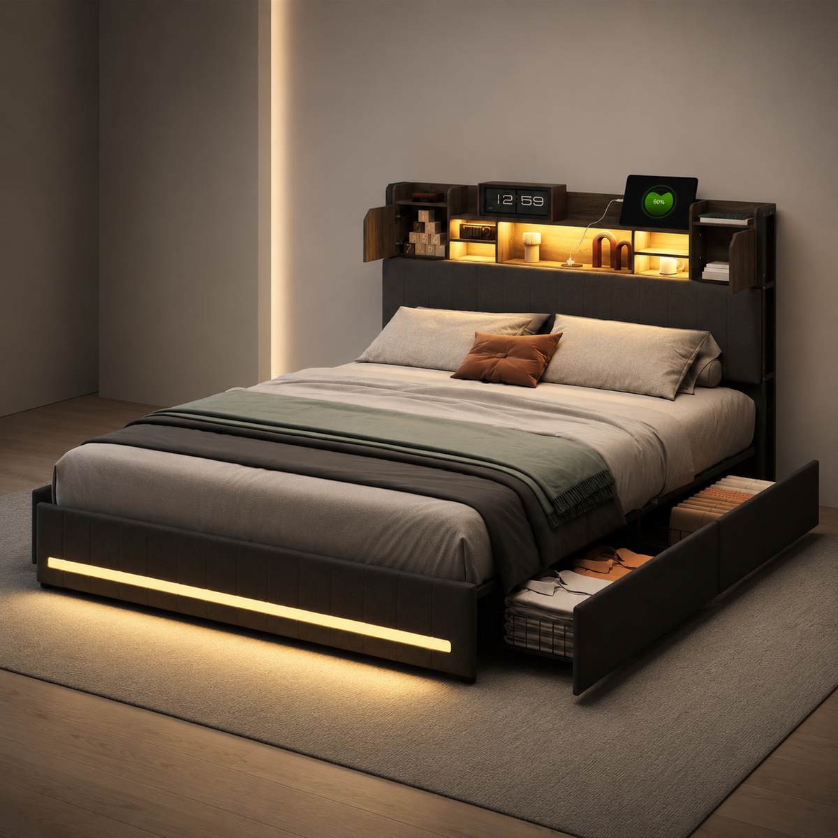 Lit Coffre LED, USB & 4 Rangements