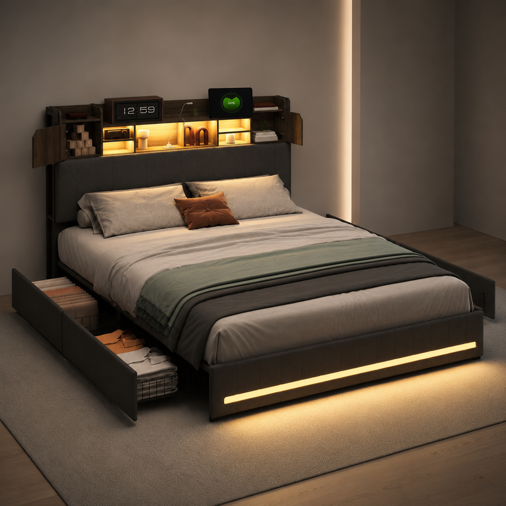 Lit Coffre LED, USB & 4 Rangements