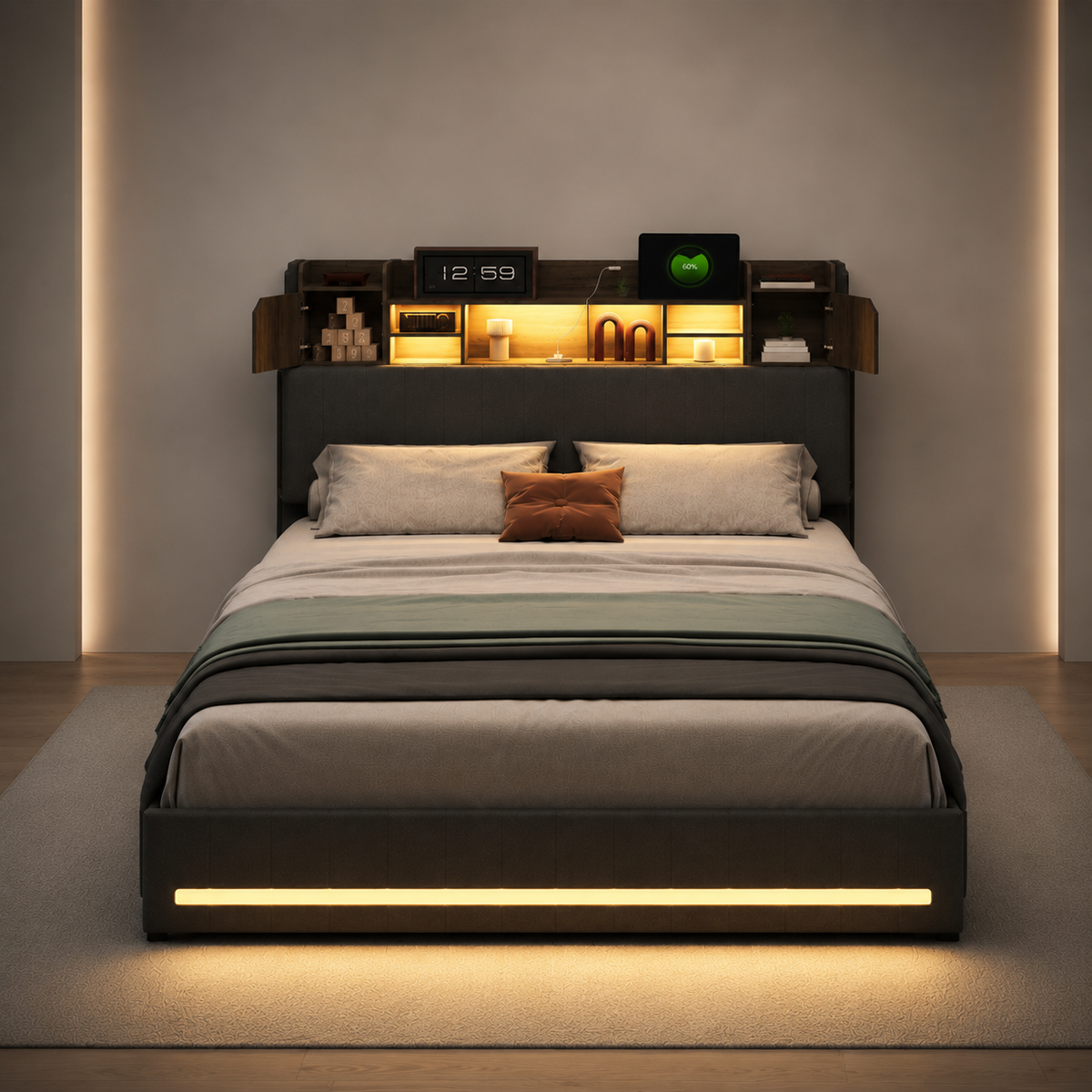 Lit Coffre LED, USB & 4 Rangements