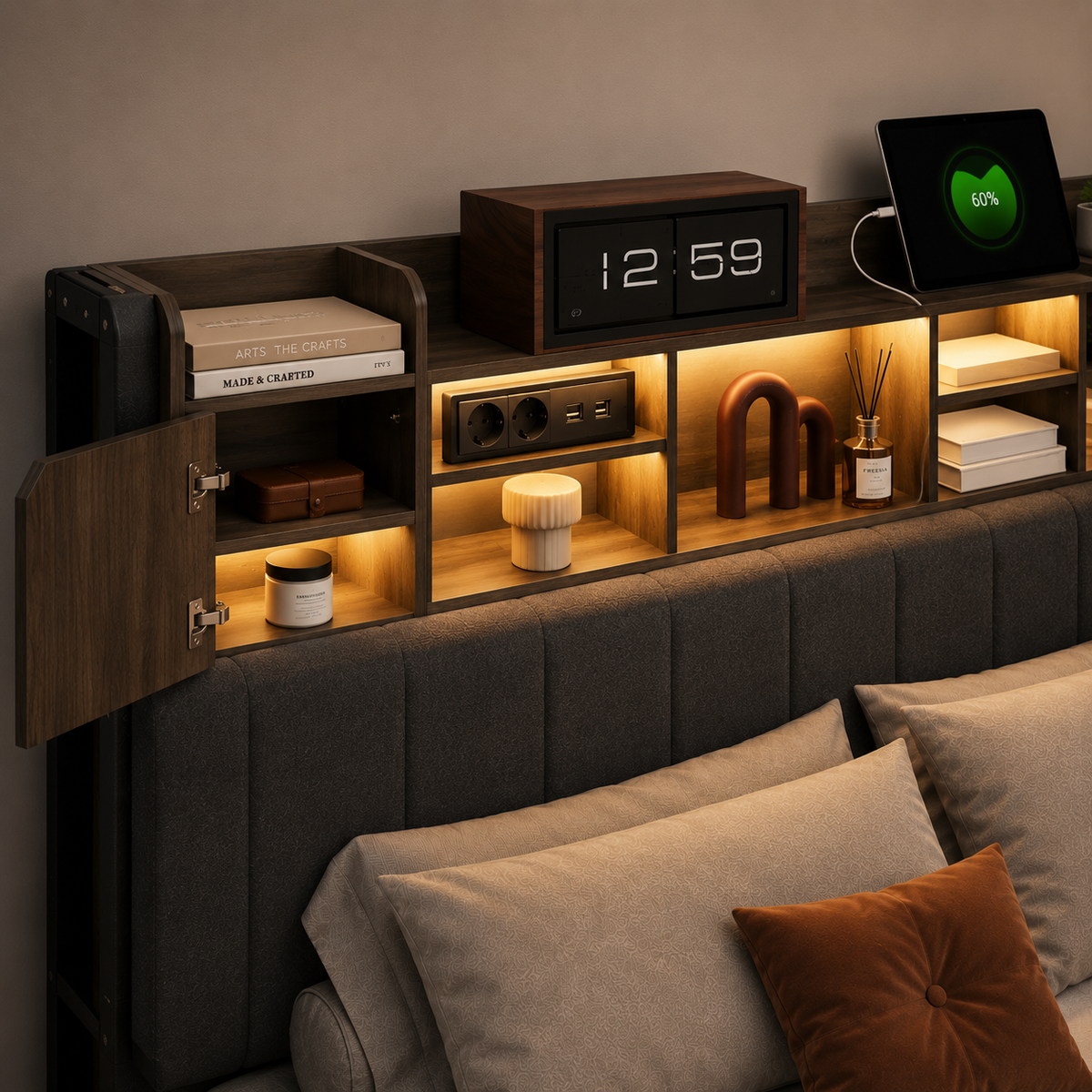 Lit Coffre LED, USB & 4 Rangements