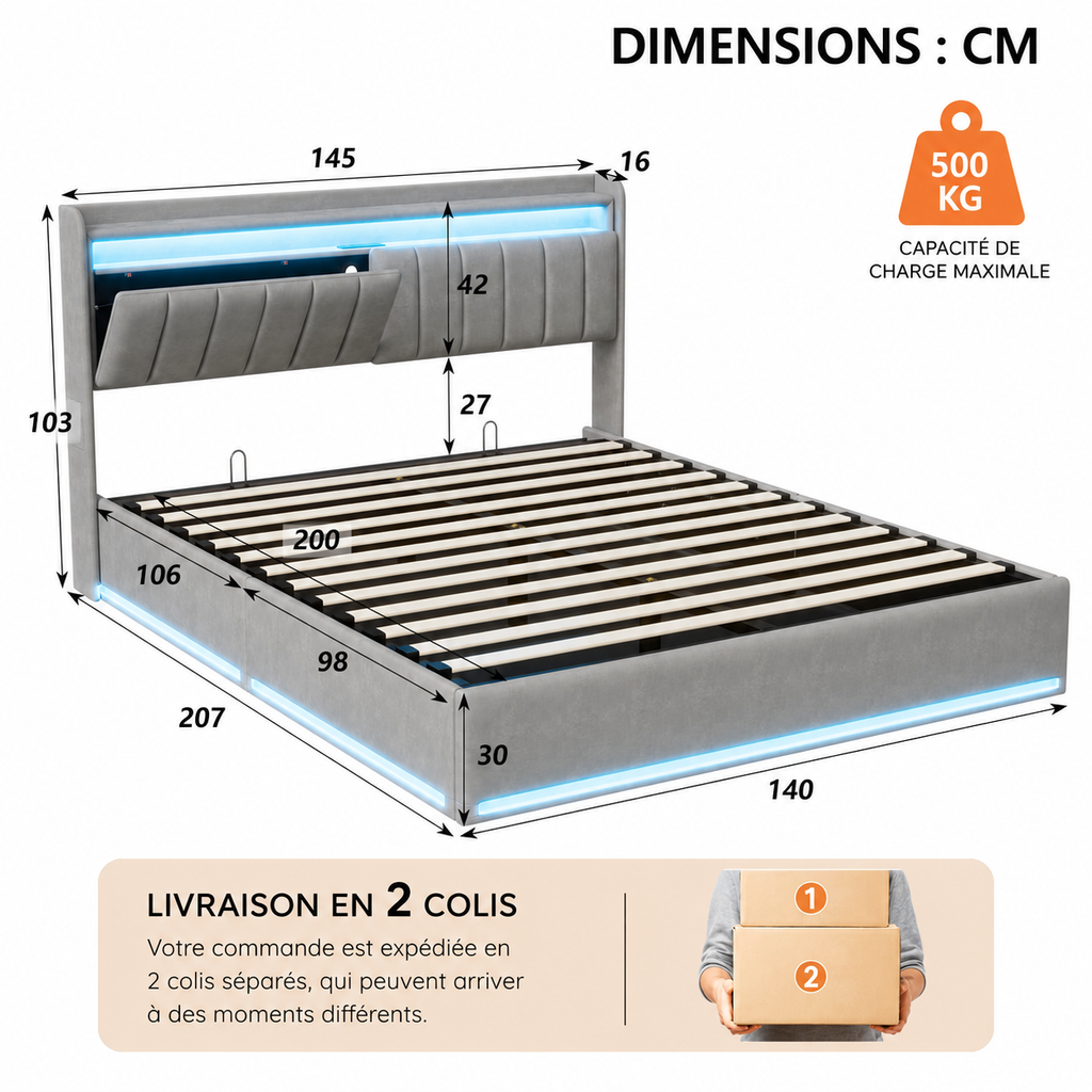 Lit Coffre 140x200cm LED et USB