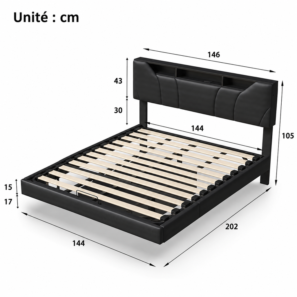 Lit Coffre Flottant LED & USB