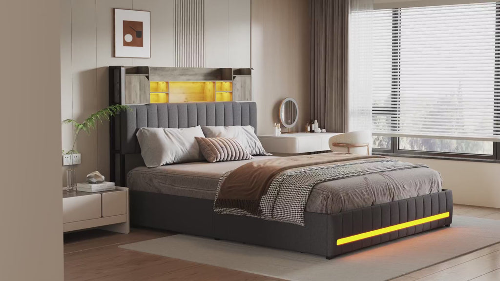 Lit Coffre LED, USB & 4 Rangements